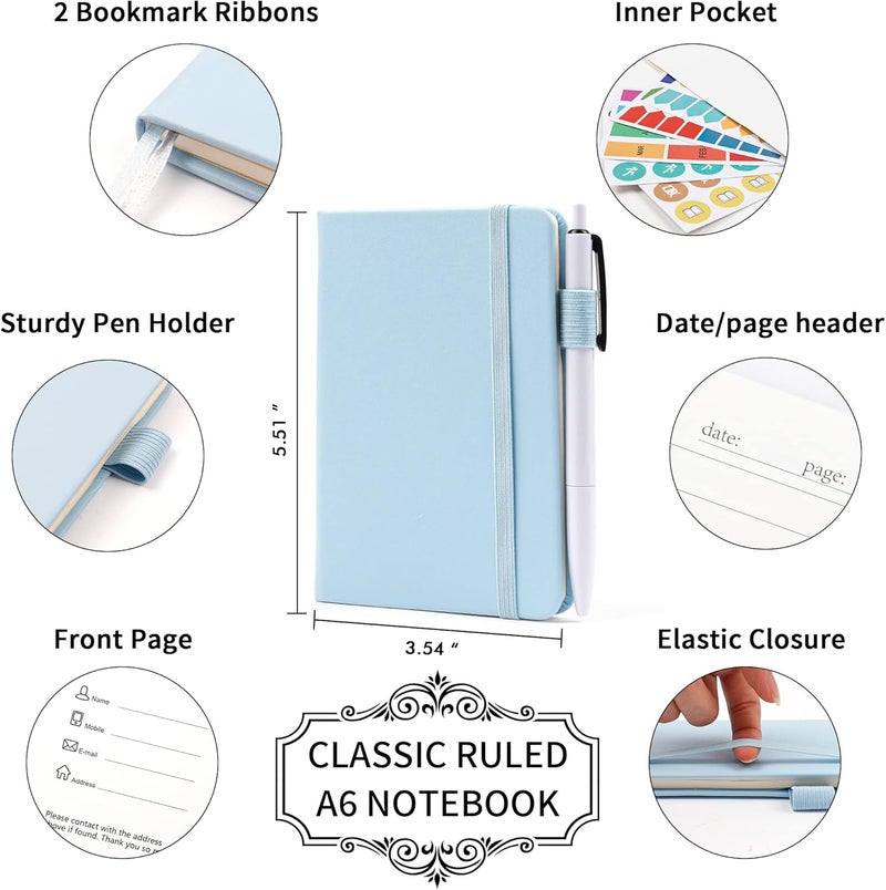 Feela 15 Pack Pocket Small Notebooks Bulk, Mini Cute Memo Notepads Hardcover College Ruled Lined Journals with Pen Holder for Women Girls Office School, with 15 Black Pens, 3.5”x 5.5”, A6, Light Blue - Image 2